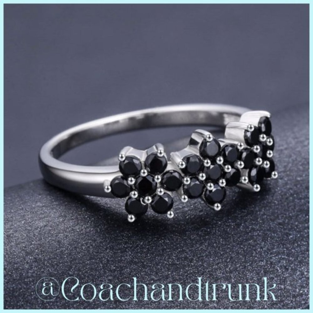 925 Sterling Silver Black Spinel Prong Set 3 Flower Band Ring Size 6 NWT - Picture 2 of 5
